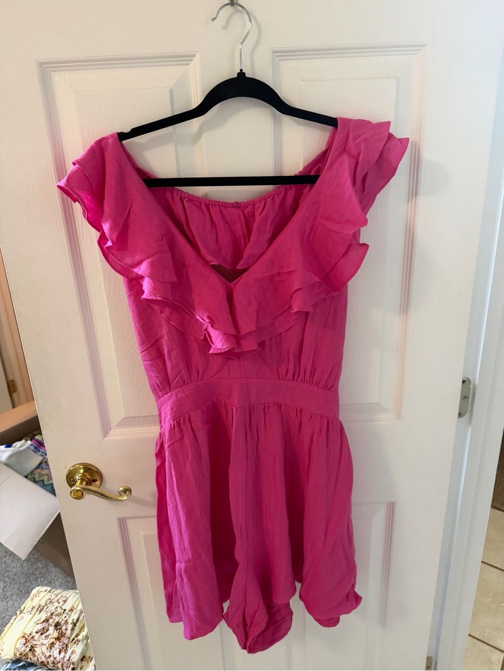 Bright Pink Ruffle V-Neck Romper - Picture 2 of 3